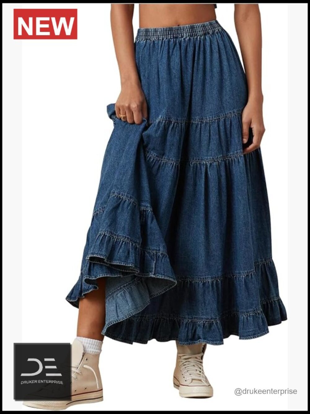 Chambray Maxi Skirt Elastic Waist Pleated Tiered Flowy Retro Denim Skirt